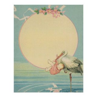 Vintage Stork with Baby Girl in Pink Blanket Posters
