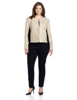 DKNYC Women's Plus Size Leather Long Sleeve Collarless Jacket, Buff, 3X