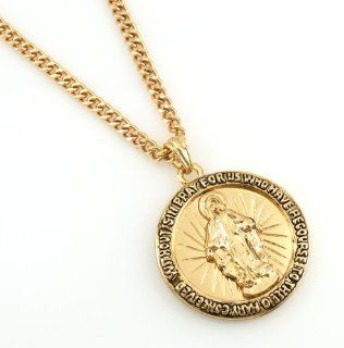 Hip Hop Bling Iced Gold Tone Our Lady of Guadalupe Pendant Necklace 24" chain,  
