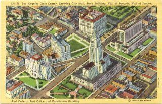 1940s Vintage Postcard Los Angeles Civic Center   showing City Hall, State Building, Hall of Records, Hall of Justice, Federal Post Office, and Courthouse Building   Los Angeles California 