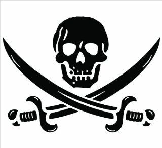 Pirate Skull & Crossed Swords Jolly Roger Vinyl Decal Sticker   White 6" decal 