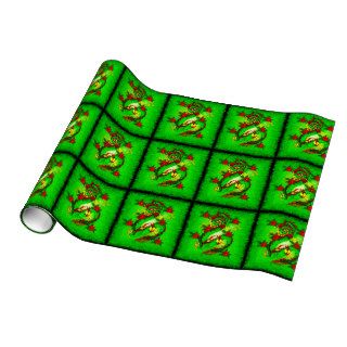 Green Dragon and Red Flowers Gift Wrapping Paper