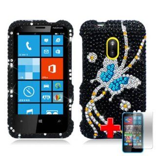 Nokia Lumia 620 (AIO Wireless) 2 Piece Snap On Rhinestone/Diamond/Bling Hard Plastic Shell Case Cover, Silver/Blue Butterfly Black Cover + LCD Clear Screen Saver Protector Cell Phones & Accessories