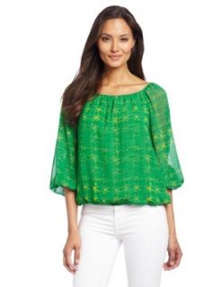 Chaus Women's 3/4 Sleeve Ethnic Geo Peasant Blouse, Kelly Green, X Large