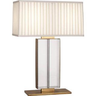 Robert Abbey 1957 Sloan   Two Light Table Lamp, Aged Brass Finish with Rectangular Ivory Silk Box Pleat/Off White Silk Lining Shade with Lead Crystal    