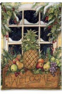 Welcome Window Box, Hospitality Pineapple, Fruit, Holly & Berries 12.5"x18" Christmas Garden Flag  Outdoor Decorative Flags  Patio, Lawn & Garden