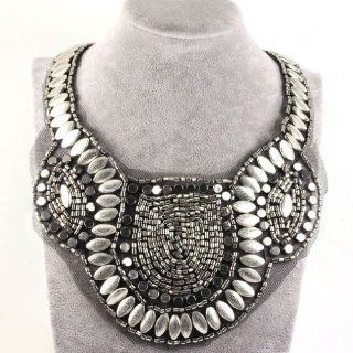 FC Black Cloth Rhinestone Silver Beads Bib Collar Choker Necklace Jewelry