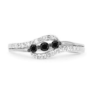 10KT White Gold Round Diamond Black And White Three Stone Bypass Promise Ring (1/4 cttw) D GOLD Jewelry