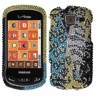 Blue Silver Yellow Leopard Bling Rhinestone Crystal Case Cover Diamond Faceplate For Samsung Brightside U380 w/ Free Pouch Cell Phones & Accessories