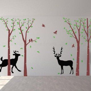Two Lover Deers Deer Bucks Doe Tree Leaf Bird House Home Art Decals Wall Sticker Vinyl Wall Decal Stickers Living Room Bed Baby Room 637   Wall Decor Stickers  