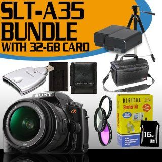 Sony Alpha SLT A35 16 MP Digital SLR Kit with Translucent Mirror Technology and 18 55mm Lens + 32GB SDHC Memory + 2 Extended Life Batteries + Ac/Dc Charger + SDHC Card Reader + Shock proof Deluxe Case w/Strap + 3 Piece Filter Kit + Full Size Tripod + Memor