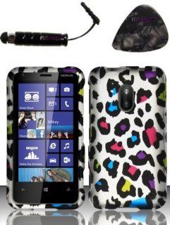Nokia Lumia 620 (AIO Wireless)   Rubberized Design   Colorful Leopard Design Snap on Hard Shell Cover Protector Faceplate AND HiShop(TM) Stylus, Guitar Pick/Pry Tool Cell Phones & Accessories