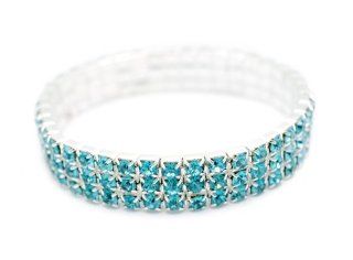 Petite Classic Silver 3 Row Aqua Blue Rhinestone Stretch Tennis Cuff Bracelet Jewelry