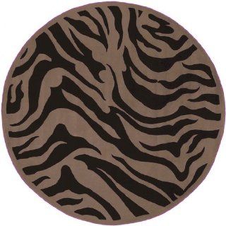 7.75' Pommel� Lueur Black and Taupe Zebra Animal Print New Zealand Wool Round Area Throw Rug  