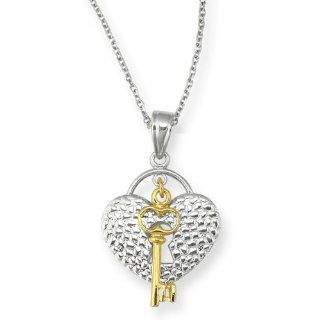 Sterling Silver 0.925 and 14 Karat Gold Heart Lock and Key Pendant Necklace Jewelry