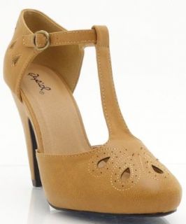Qupid Nadine 88X Vintage Inspired Vegan Suede Round Toe T Strap Ankle Strap Cut Out Pump COGNAC (8.5) Pumps Shoes Shoes