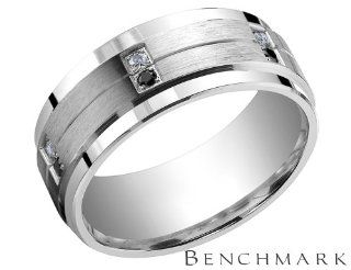 Benchmark Mens 9mm Comfort Fit White and Black Diamond Wedding Band 1/4 Ct (ctw) in Sterling Silver Jewelry