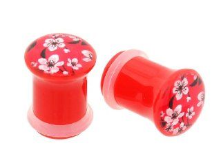 0g 8mm Acrylic Red Cherry Blossom Japanese Flower Ear Plugs Gauges Single Flare (Sold By Pair) Body Piercing Tunnels Jewelry