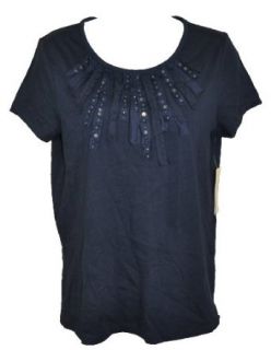 NEW Jones New York Womens Short Sleeve Tee Ruffle Front Navy Blue Shirt Small Fashion T Shirts