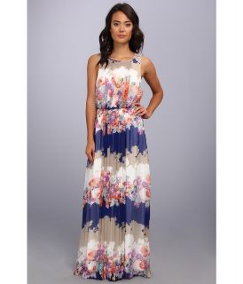Jessica Simpson Sleeveless Maxi Dress w/ Front Pleating and Crochet Details Womens Dress (Blue)