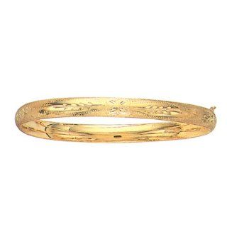 7" 10K Yellow Gold Polished Textured High Domed w/ Vine Butterfly Pattern Bangle w/ Side Clasp Jewelry