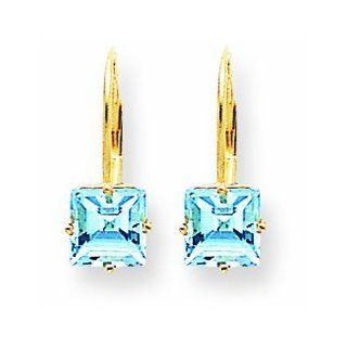 2.7 Carat 14K Gold 6mm Princess Cut Blue Topaz leverback earring Jewelry