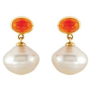 14K Yellow Gold Pair 07.00x05.00mm/11.00mm Paspaley Sterling Silver Cultured Pearl Genuine Carnel Earrings Jewelry