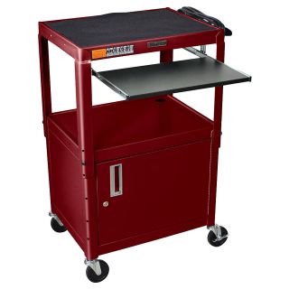 Luxor  H. Wilson Adjustable Height Av Cart With Cabinet And Pull Out Tray   24X18 Shelves   Burgundy   Burgundy