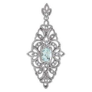 14k White Gold Genuine Aquamarine And Diamond Pendant by US Gems Jewelry