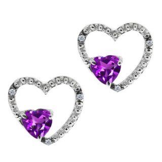 0.84 Ct Heart Shape Purple Amethyst and Diamond 14k White Gold Earrings Jewelry