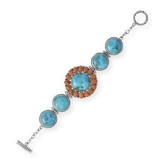 23292 7.5" Turquoise and Coral Sunburst Toggle Bracelet Bracelet Chain Link Hand Arm Siliver 0.925