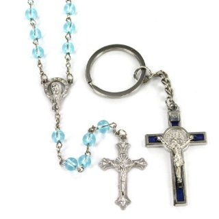 Blue Cross Saint Benedict Keychain and Blue Round Bead Rosary   Sold as a Set Jewelry