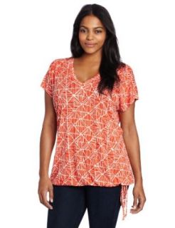 Lucky Brand Women's Plus Size Mosaic Tile Top, Orange/Multi, 1X Fashion T Shirts