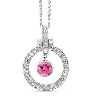 Elegant Bow Twin Circle Diamond Pendant In 18K White Gold With A 0.32 ct. Genuine Pink Tourmaline Center Stone. CleverEve Jewelry