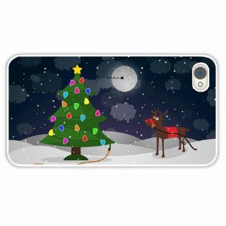 Custom Make Apple Iphone 4 4S Holidays Tree Garlands Wire Reindeer Christmas Moon Santa Claus Sleigh Flying Of Beautiful Present White Cellphone Skin For Men Cell Phones & Accessories