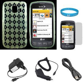 Clear Argyle Rubberzied TPU Silicone Skin Cover Case for Sprint LG Optimus S (Model LG670KIT) + Clear Screen Protector + Black Rapid Travel Wall Charger with IC Chip + Black Rapid Car Charger with IC Chip + Micro USB Data Cable Cord Electronics