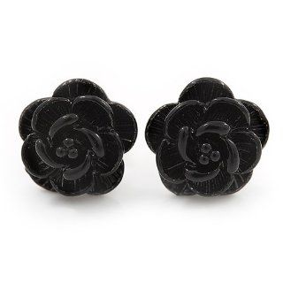 Tiny Black 'Rose' Stud Earrings In Silver Tone Metal   10mm Diameter Black Rose Earings Jewelry