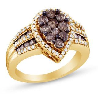 10K Yellow and White Two 2 Tone Gold Halo Channel Set Round Brilliant Cut Chocolate Brown and White Diamond Engagement Ring OR Fashion Band   Pear Shape Center Setting   (1.40 cttw.) Jewelry