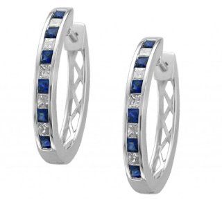 14k White Gold Princess cut Diamond & Blue Sapphire Hoop Earrings (1 3/4 cttw, H I, SI2) Jewelry