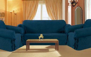 3Pcs "Solid Micro Suede" Navy Blue Sofa / Loveseat / Chair Slipcover   100% Polyester   Slipcover Sets