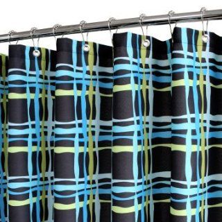 Wavy Lines Plaid Black Watercolor Turquoise, Green Fabric Shower Curtain Park B. Smith   Turquoise And Black Curtains