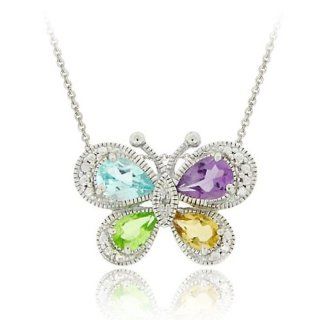 Sterling Silver Multi Color Gemstone & Diamond Butterfly Pendant Jewelry