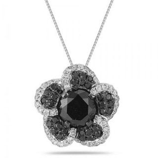 2.38cts Black Diamond Flower Pendant outlined with 0.48cts white diamonds in 14K White Gold   Chain length 18 in Perfect Jewelry Jewelry