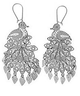 14k White Gold, Fancy Filigree Peacock Design Chandelier Drop Earring Jewelry