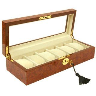 New Improved Luxury Watch Box Storage Case for 6 Watches Burl Wood Finish with Display Window and Locking Key with Tassel Watches