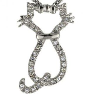 Petite Cat Diamond Pendant With 0.10cts Of Pave Set Fine White Diamonds In 14K White Gold Diamond Cat Necklace Jewelry