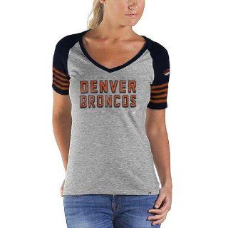 NFL '47 Brand Denver Broncos Ladies Ballpark Raglan V Neck T Shirt   Ash/Navy Blue (Small)  Sports Fan T Shirts  Sports & Outdoors
