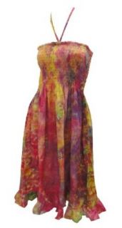 La Leela Pink Frill Worked Printed Cotton Halter Short Tube Dress
