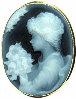 Cameo Brooch Pendant Italian 18k Yellow Gold Frame Lady with Flowers Agate Stone Jewelry