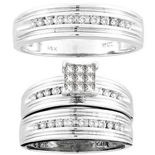 14K White Gold 0.53cttw Princess Round Diamond Trio His and Hers Bridal Ring Set Jewelry